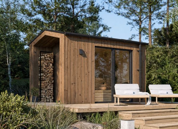 Sauna de madera SERENE 1 con porche (ThermoWood) – 3,3×2,5 m, 6,25 m² thumbnail 1
