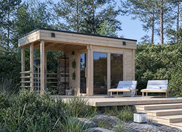 Sauna de madera FREJA con terraza cubierta (tronco macizo) – 4,5×2,5 m, 9,15 m² thumbnail 1