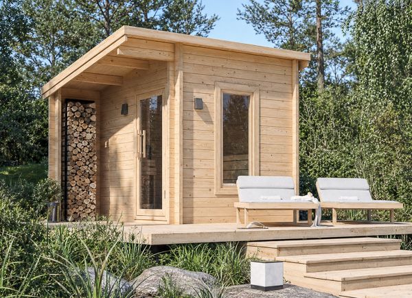 Sauna de madera VIGOR 1 con porche | Troncos macizos – 3,30×2,50 m, 6,65 m² thumbnail 1