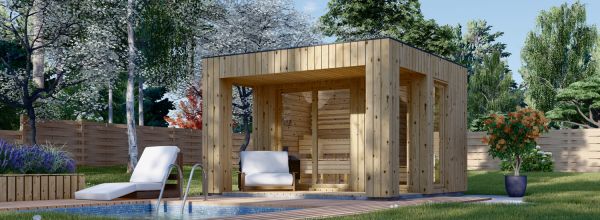Sauna de exterior DELLA (34 mm + revestimiento), 3,6 x 2,1 m, 5,5 m², terraza de 5 m²