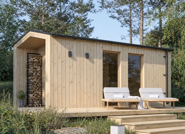 Sauna de madera SERENE 3 con vestidor y porche (pino natural) – 5,3×2,5 m, 10,65 m² thumbnail 1