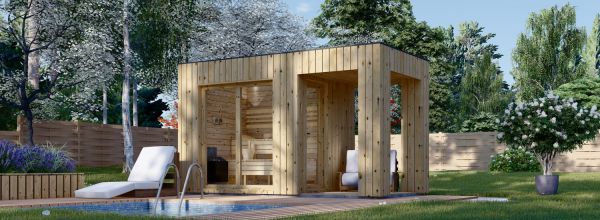 Sauna de exterior DELLA (34 mm + revestimiento), 2,6 x 2,1 m, 3,8 m², terraza de 3 m²