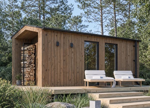 Sauna de madera SERENE 3 con vestidor y porche (ThermoWood) – 5,3×2,5 m, 10,65 m² thumbnail 1
