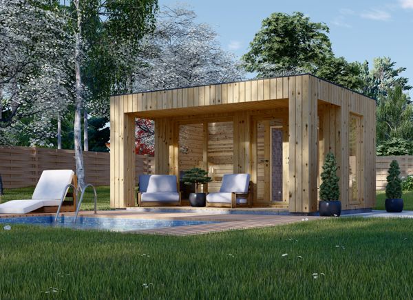 Sauna de exterior con vestuario DELLA (34 mm + revestimiento), 4,6 x 2,1 m, 7,2 m², terraza di 6,7 m² avp.ui.product_images.thumbnail 1