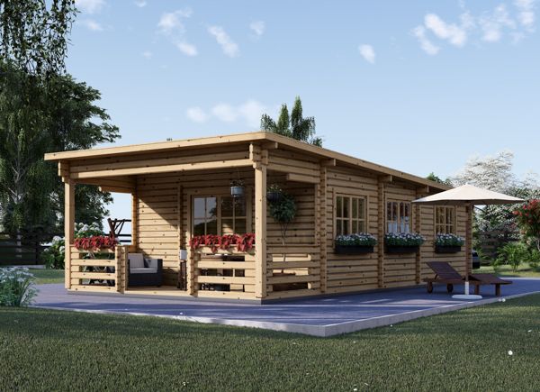 Casa de madera de tejado plano con porche HYMER (44+44 mm), 42 m² + 10 m² avp.ui.product_images.thumbnail 1