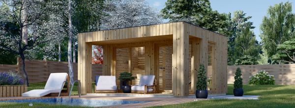 Sauna de exterior con vestuario DELLA (34 mm + revestimiento), 4,6 x 2,6 m, 9,3 m², terraza de 6,7 m²