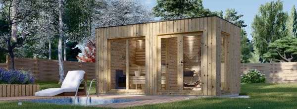 Sauna de exterior con vestuario DELLA (34 mm + revestimiento), 4,6 x 2,6 m, 9,3 m²