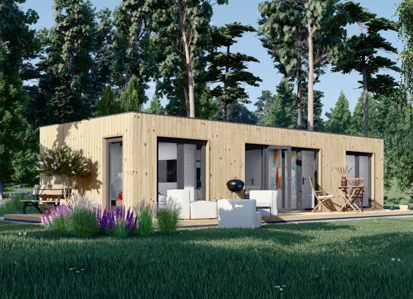 Casa de madera para vivir BERTA (Aislada PLUS, 44+44 mm), 72 m² + 18 m²  porche y garaje 20 m²