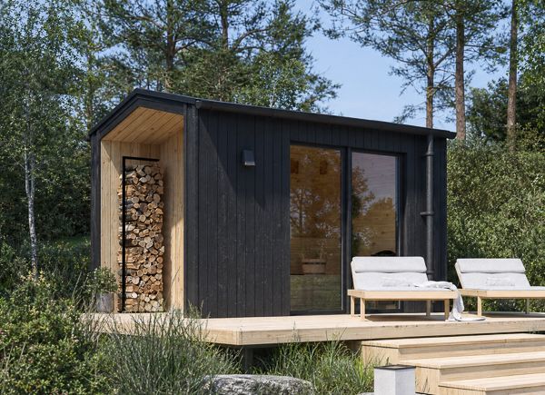 Sauna de madera SERENE 1 con porche (madera quemada + pino natural) – 3,3×2,5 m, 6,25 m² thumbnail 1