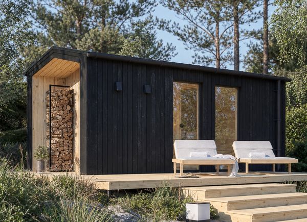 Sauna de madera SERENE 3 con vestidor y porche (madera quemada + pino natural) – 5,3×2,5 m, 10,65 m² thumbnail 1