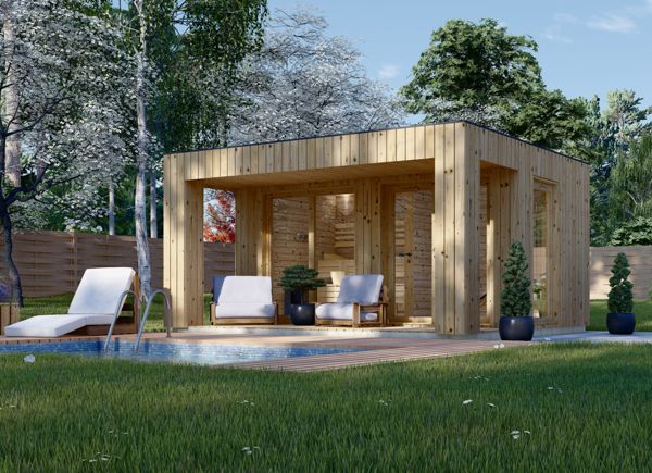 Sauna de exterior con vestuario DELLA (34 mm + revestimiento), 4,6 x 2,6 m, 9,3 m², terraza de 6,7 m² avp.ui.product_images.thumbnail 1
