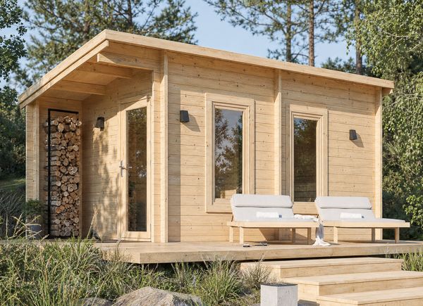 Sauna de madera VIGOR 3 con vestidor y porche | Troncos macizos – 5,30×2,50 m, 10,95 m² thumbnail 1