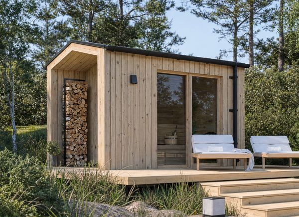 Sauna de madera SERENE 1 con porche (pino natural) – 3,3×2,5 m, 6,25 m² thumbnail 1