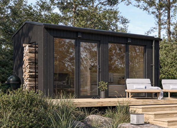 Sauna de madera SERENE 2 con vestidor (madera quemada) – 4,5×2,5 m, 9,35 m² thumbnail 1