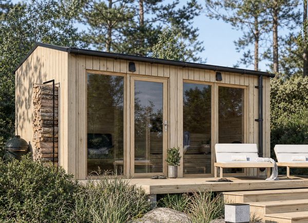 Sauna de madera SERENE 2 con vestidor (pino natural) – 4,5×2,5 m, 9,35 m² thumbnail 1