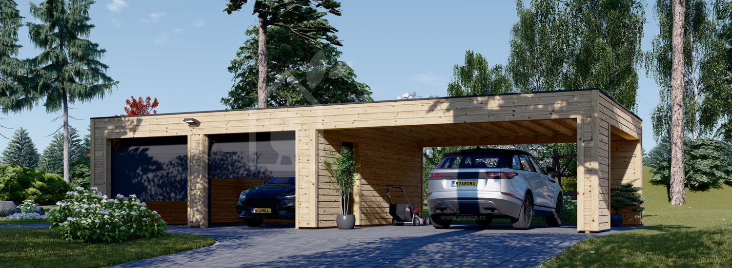 Garaje de madera doble SILVIA F (34 mm + revestimiento), 6x6 m, con cochera 6x6 m visualization 1