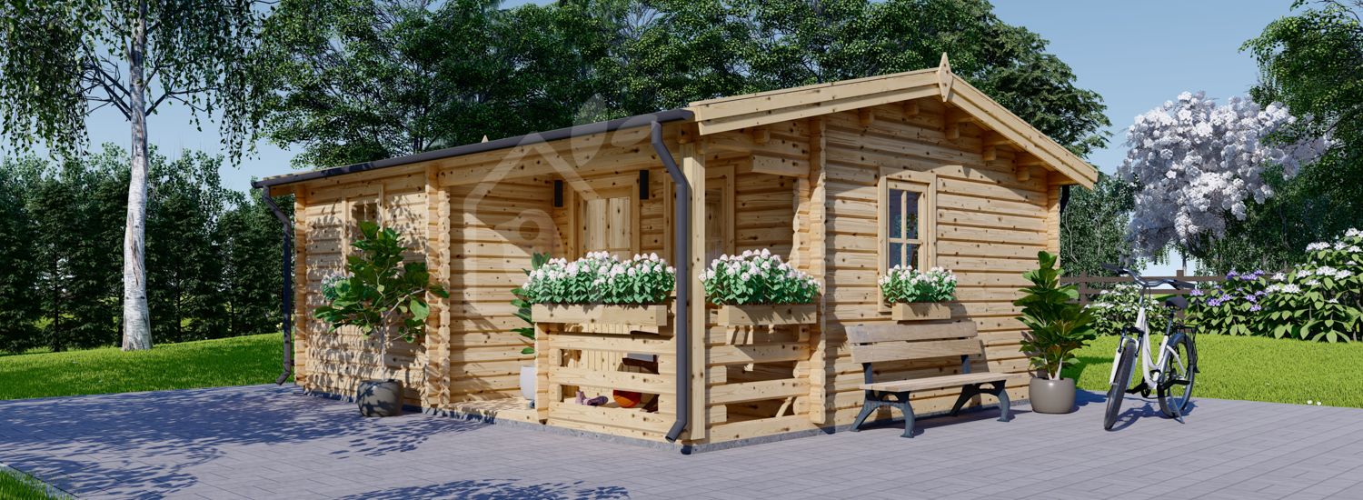 Caseta de jardín de madera NANTES (Aislada, 34+34 mm), 6x4.7 m, 24 m² + 3.5 m² porche visualization 1