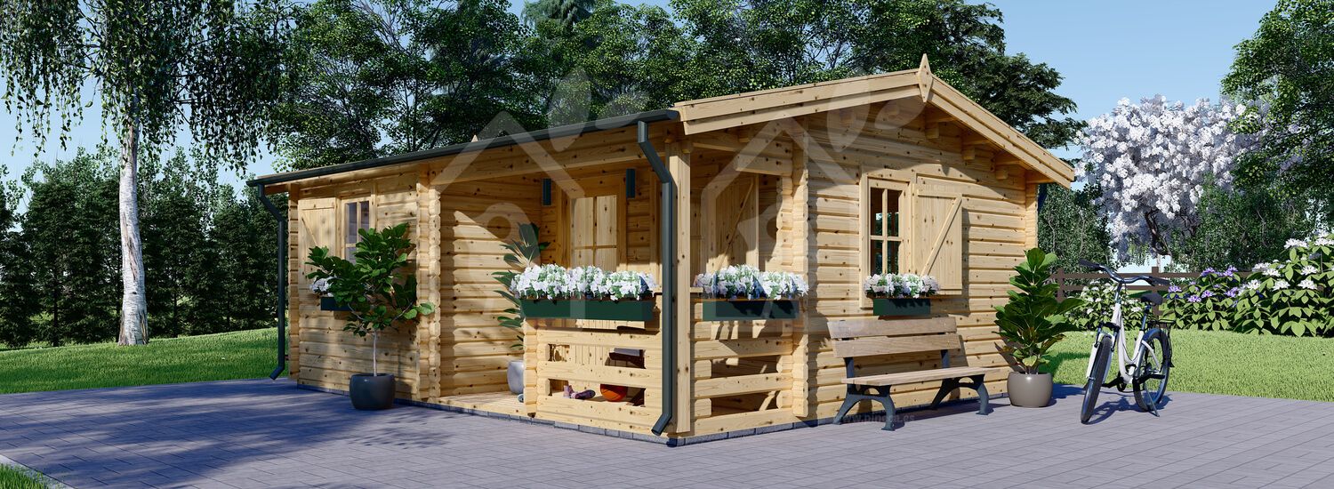 Caseta de jardín de madera NANTES (Aislada, 44+44 mm), 6x4.7 m, 24 m² + 3.5 m² porche visualization 1