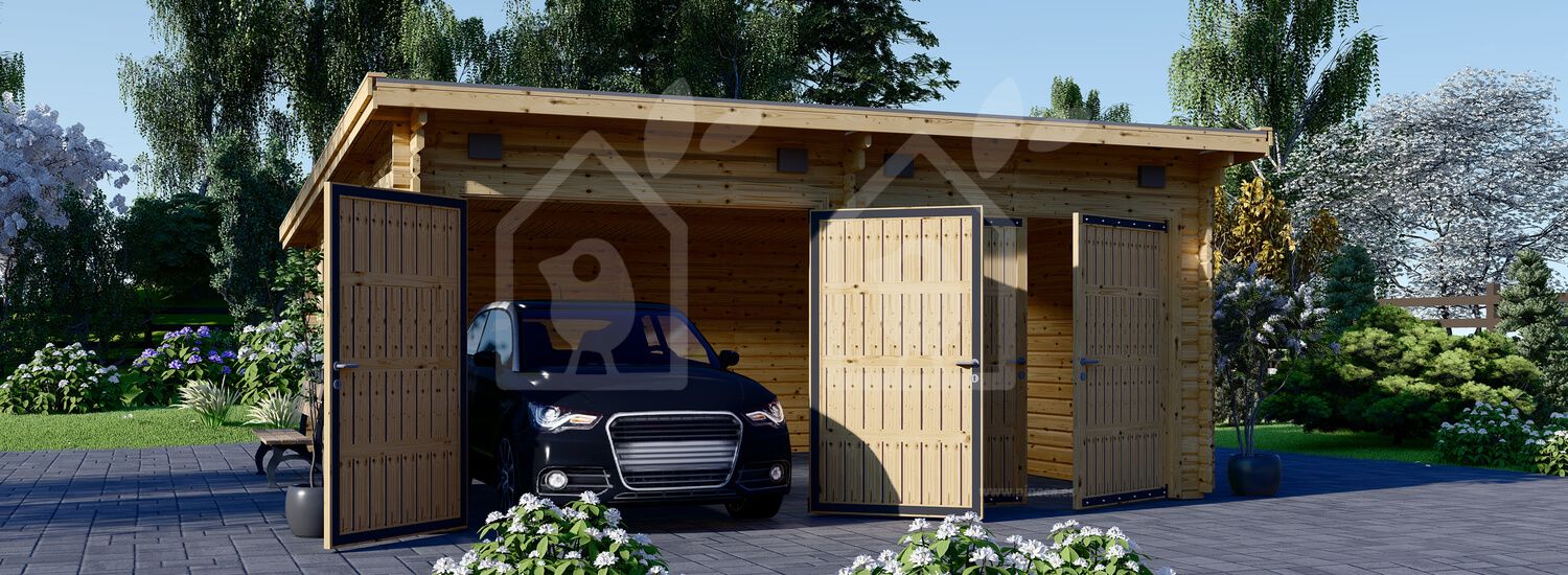 Garaje de madera de tejado plano DOBLE MODERN (44 mm), 6x6 m, 36 m²