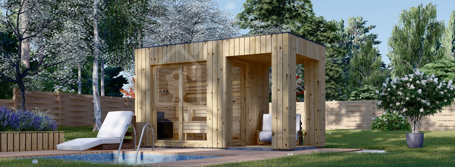 Sauna de exterior DELLA (34 mm + revestimiento), 2,6 x 2,1 m, 3,8 m², terraza de 3 m² visualization 1