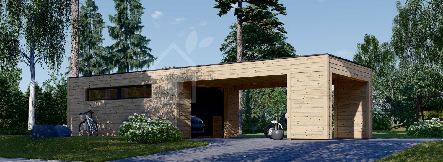 Garaje de madera SILVIA F (34 mm + revestimiento), 4x6 m, con cochera (justo enfrente) 4x6 m visualization 1