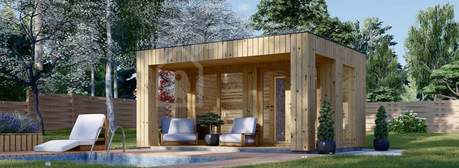 Sauna de exterior con vestuario DELLA (34 mm + revestimiento), 4,6 x 2,1 m, 7,2 m², terraza di 6,7 m² visualization 1