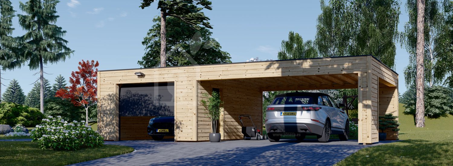 Garaje de madera SILVIA F (34 mm + revestimiento), 4x6 m, con cochera 6x6 m visualization 1