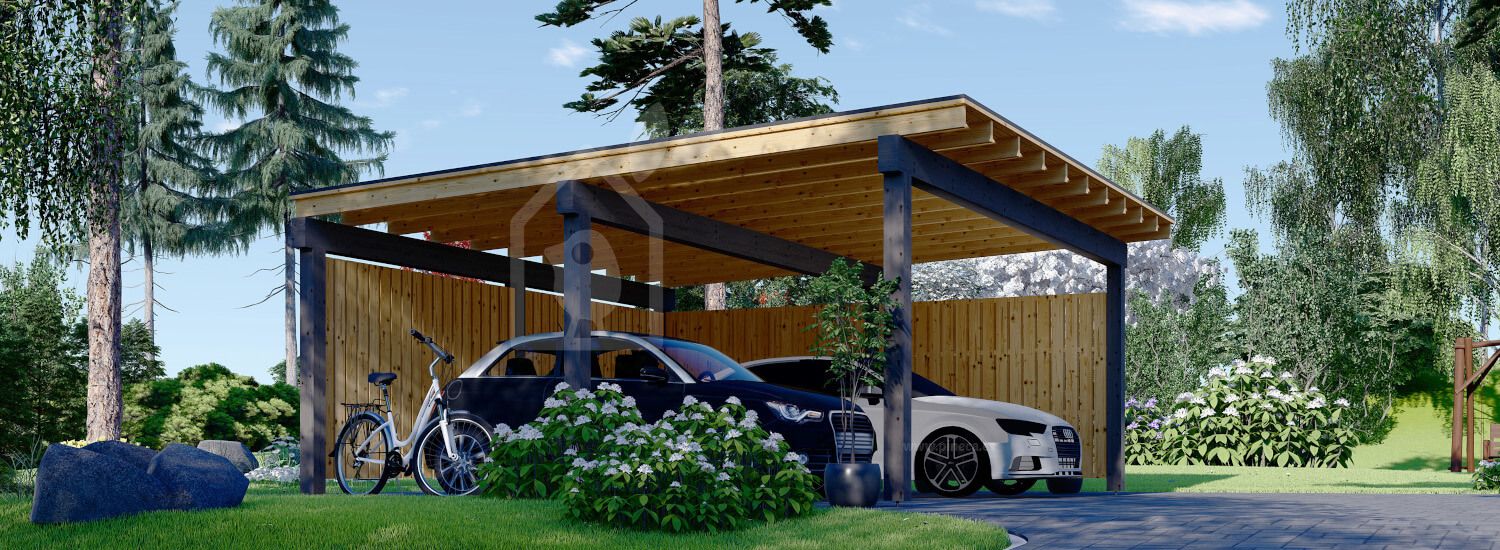 Cochera de madera double LUNA DUO F, 6x6 m, con pared en forma de L visualization 1
