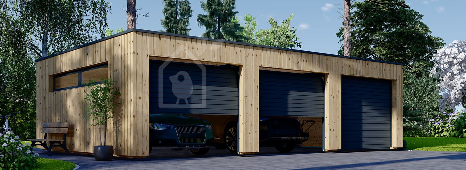 Garaje de madera triple con techo plano SILVIA TRIO F (34 mm + revestimiento), 9x6 m, 54 m² visualization 1
