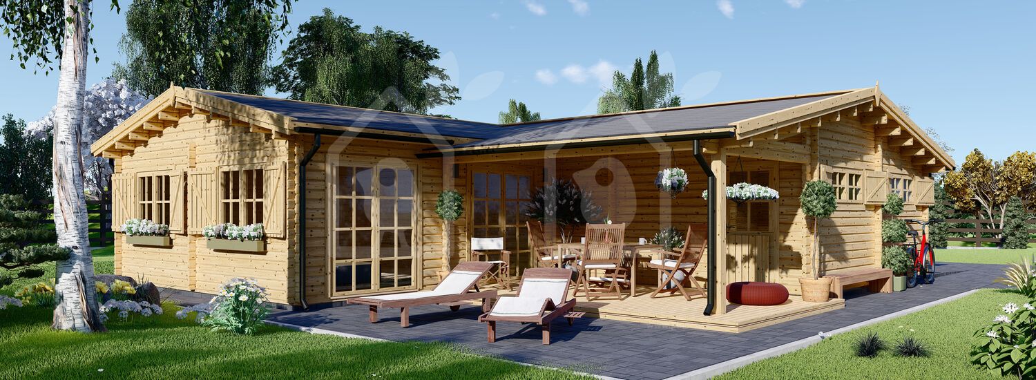 Casa de madera BERTA (44+44 mm), 72 m² + 18 m² porche y garaje 20 m²  visualization 1