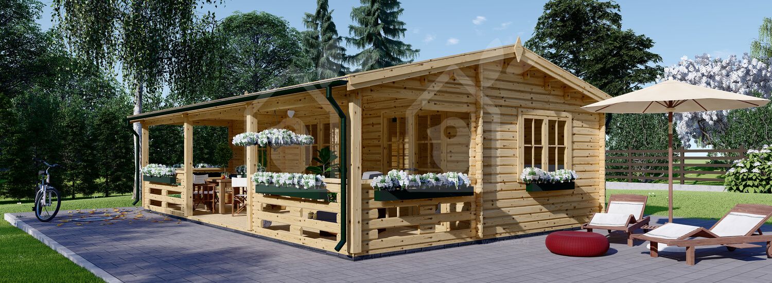 Caseta de madera habitable con porche AMELIA (Aislada, PLUS, 44+44 mm), 32 m² + 20 m² visualization 1