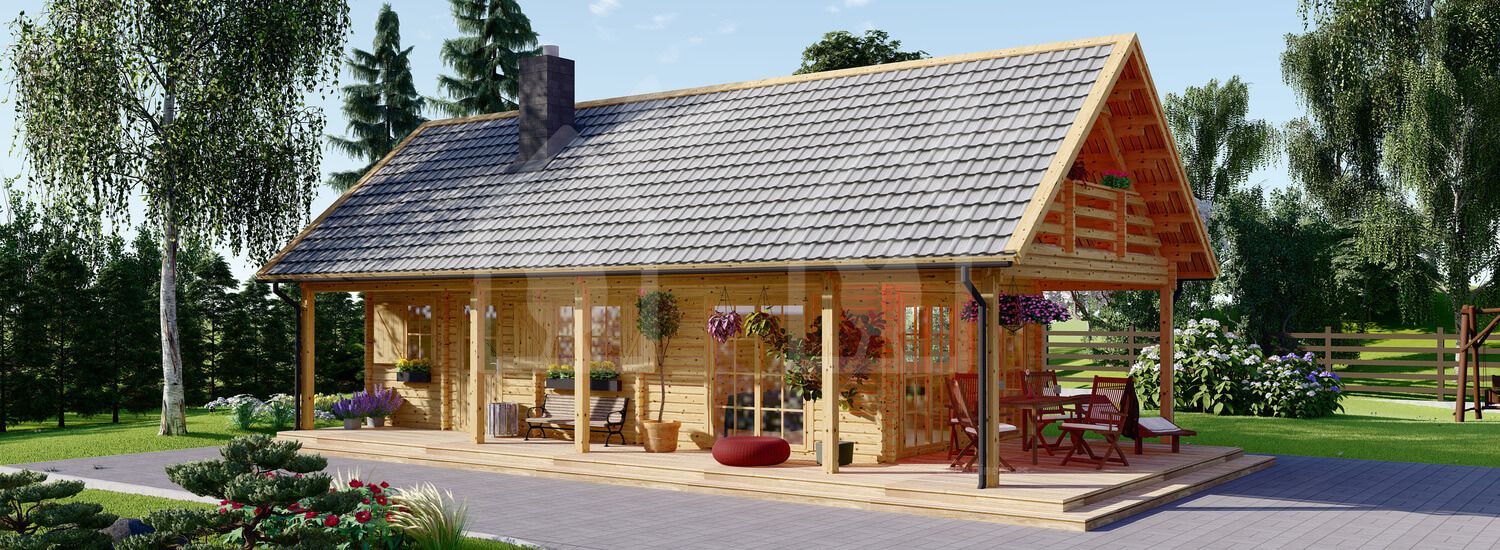 Casa de madera para vivir con porche AURA (Aislada PLUS, 44+44 mm), 100 m² + 35 m² visualization 1