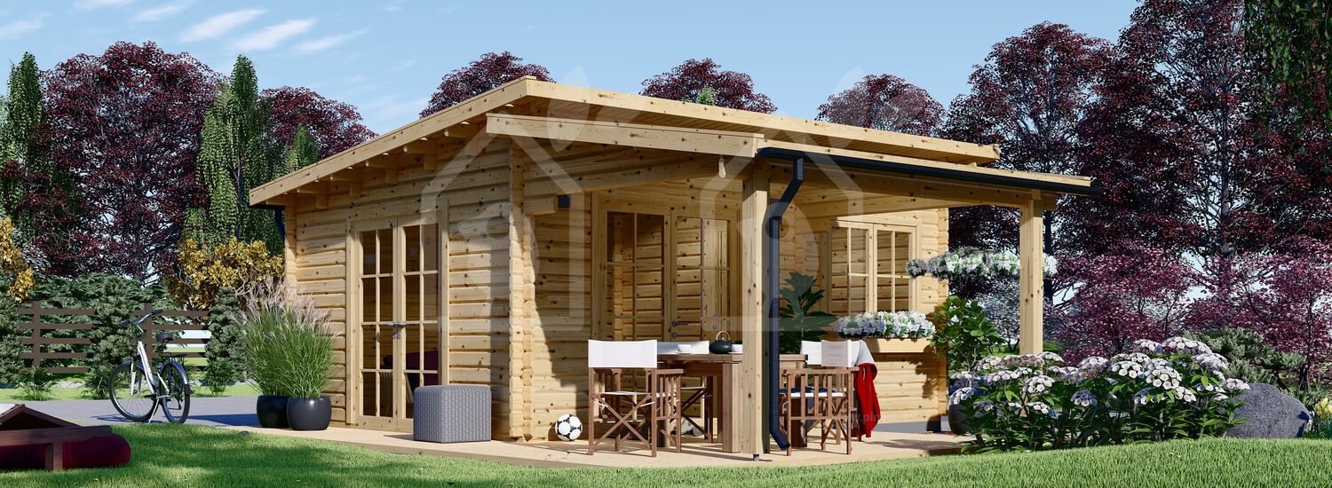 Caseta de jardín de madera con porche HELEN (58 mm), 6x6 m, 24 m² + 12.5 m² visualization 1