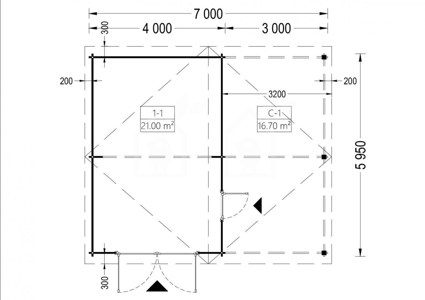 Garaje de madera con cochera (44 mm), 4x6 m + 3x6 m (cochera), 40 m²