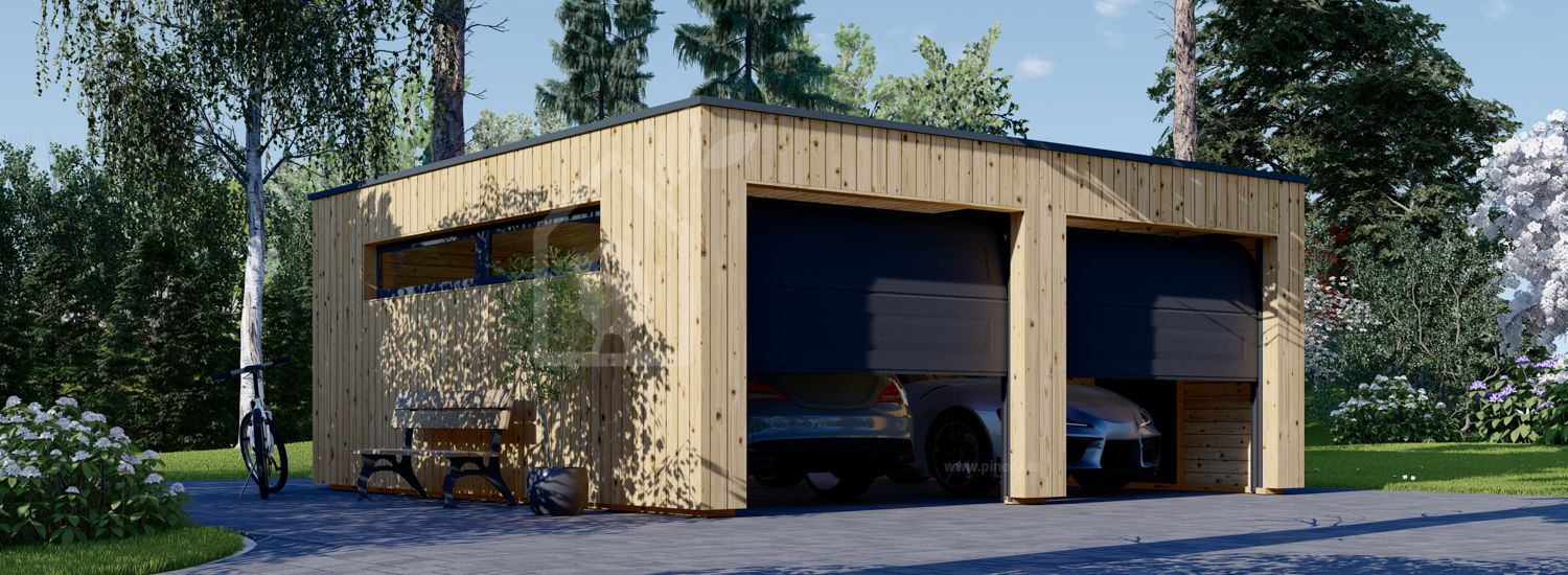 Garaje de madera doble de techo plano SILVIA DUO F (34 mm + revestimiento), 6x6 m, 36 m² visualization 1