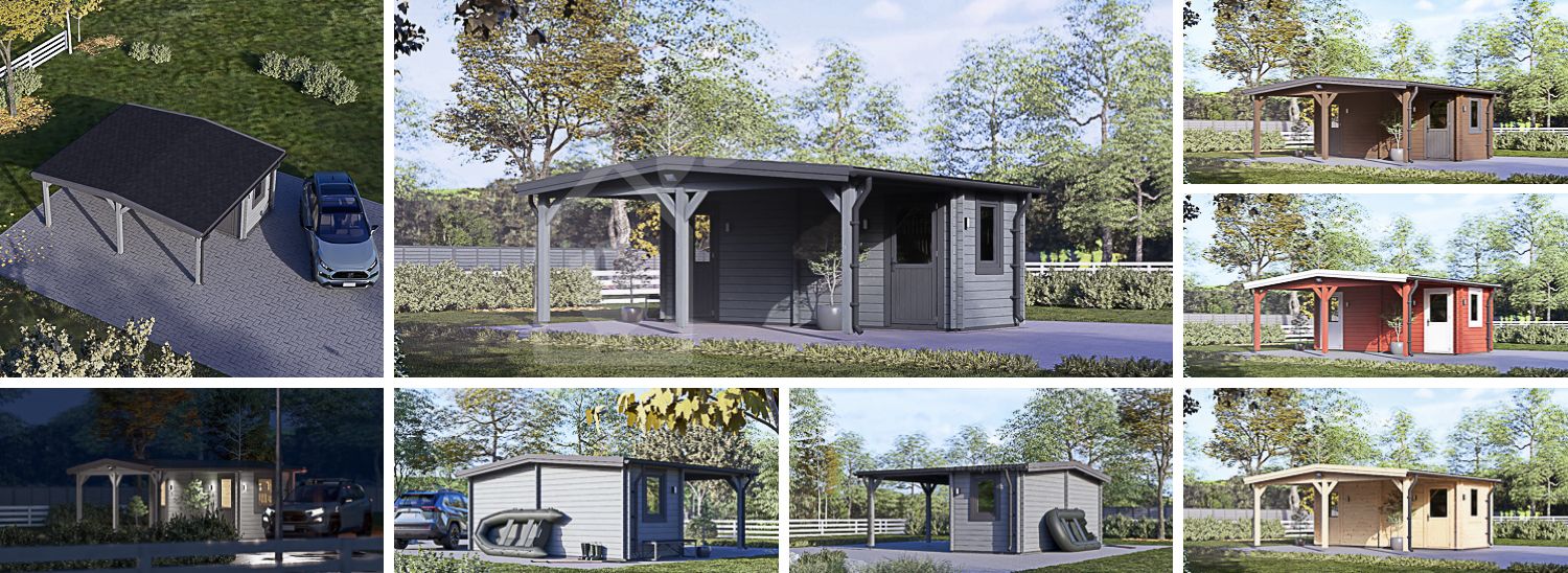 Cochera de madera 3x6 m con caseta (44 mm), 2x6 m visualization 1