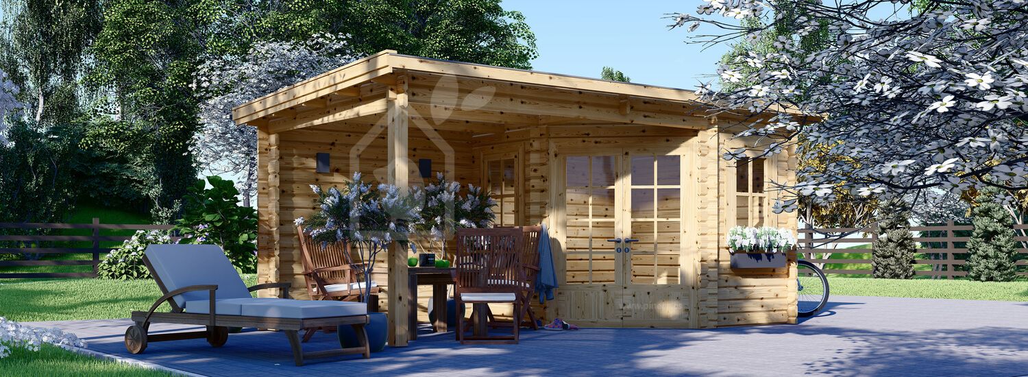 Caseta de jardín de madera con porche KATERINA (28 mm), 5x3 m, 7.5 m² + 7.5 m² visualization 1